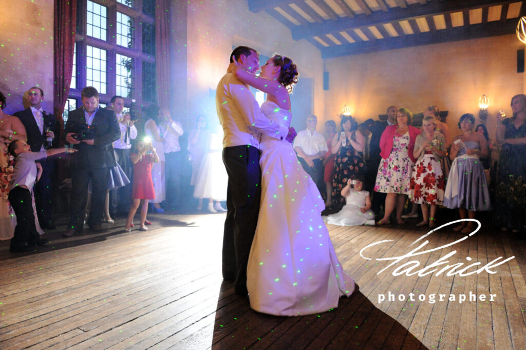 bride and groom first dance, colour, audience, fanhams