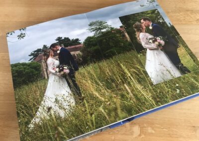 lay flat professional photo style printed photograph book, loxley, royal blue finish, fanhams hall background, long grass, romantic, preferred supplier
