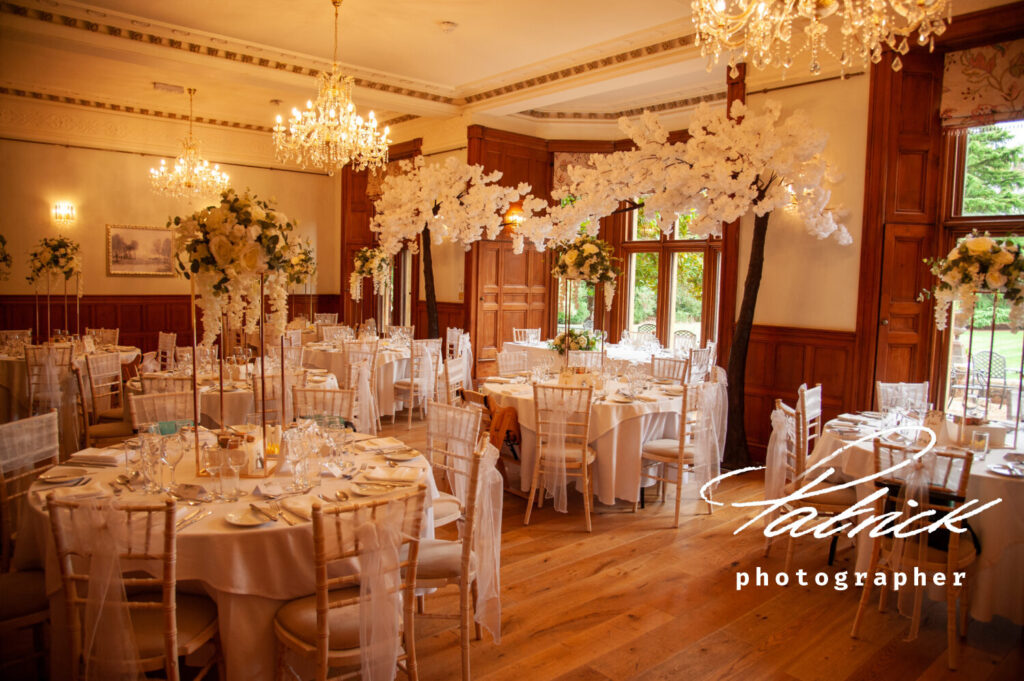 holmewood hall, wedding room, wedding breakfast, set up, white theme, chandeliers, wood, tudor gothic mansion