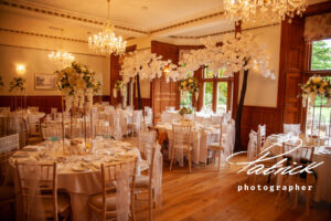 holmewood hall, wedding room, wedding breakfast, set up, white theme, chandeliers, wood, tudor gothic mansion