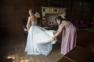bridesmaid, wedding dress, bride, side view