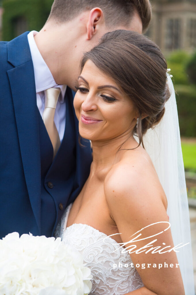 bride and groom Fanhams hall exterior