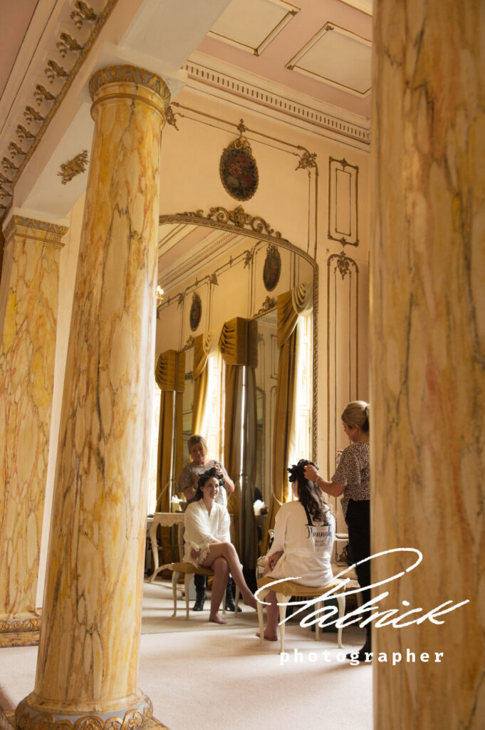 bridal prep, hair, bride and hairdresser, reflection long full length mirror, bridal suite